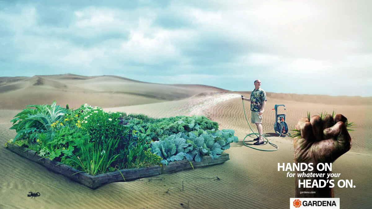 Advertising poster for Gardena gardening tools showing a man watering the desert