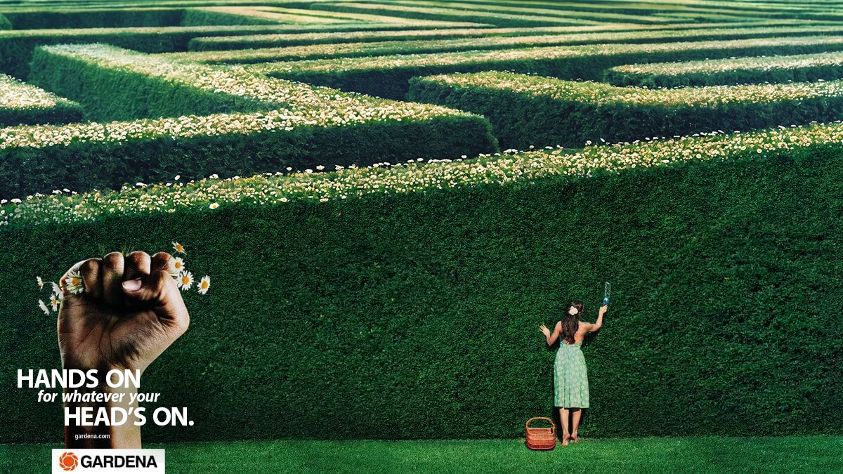 Advertising poster for Gardena gardening tools showing a woman trimming a labyrinth by hand