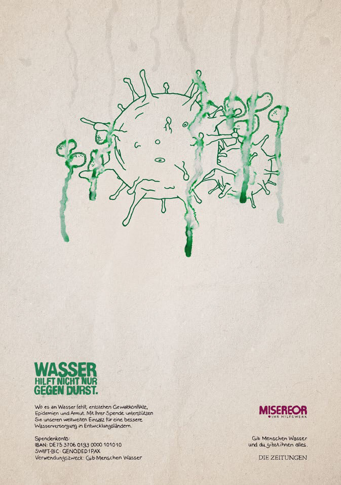Advertising poster for Misereor showing an illustration of viruses and bacteria being washed away by water