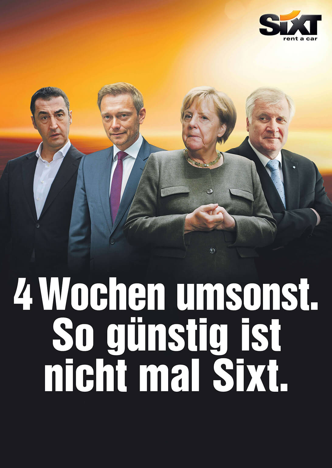 Advertising poster for Sixt with German politicians Merkel Oezdemir Lindner and Seehofer